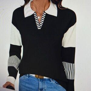 V Neck Long Sleeve Loose Sweaters Black and Cream Tops